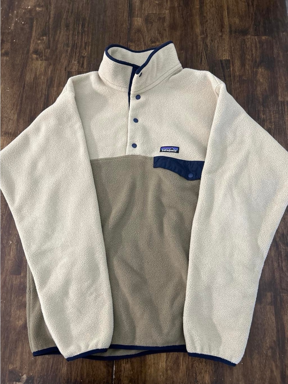 Patagonia Two-Tone Fleece Snap Pullover - Cream & Olive with Navy Trim